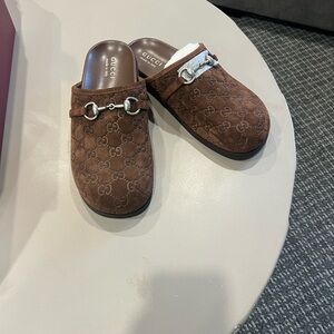 Gucci Men's Brown Slip-On Loafers with Silver Accent